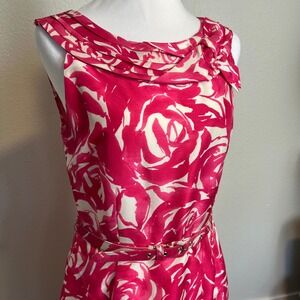 KATE Spade "Minnie" 100% Silk Rose Pleated Neckline Belted Midi Sheath Dress